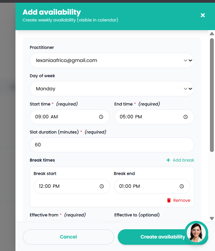 Practitioner Availability Calendar
